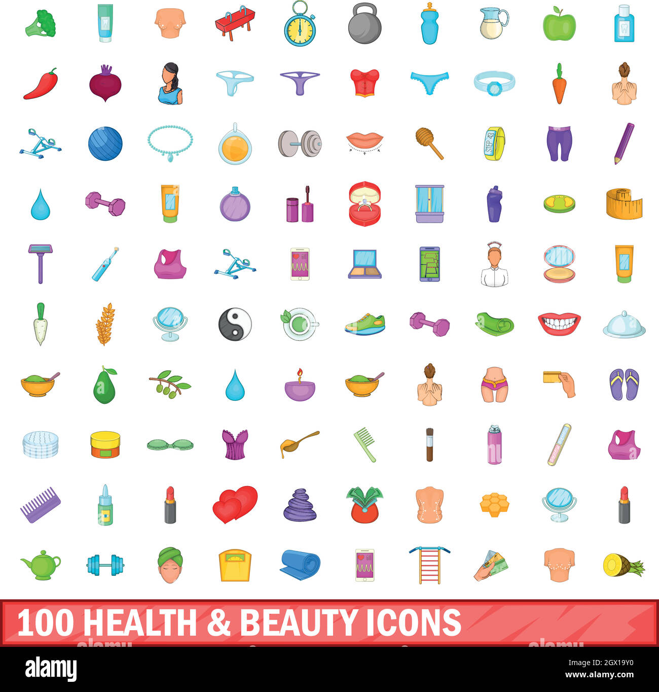 100 iconos de belleza y salud, estilo de dibujos animados Ilustración del Vector