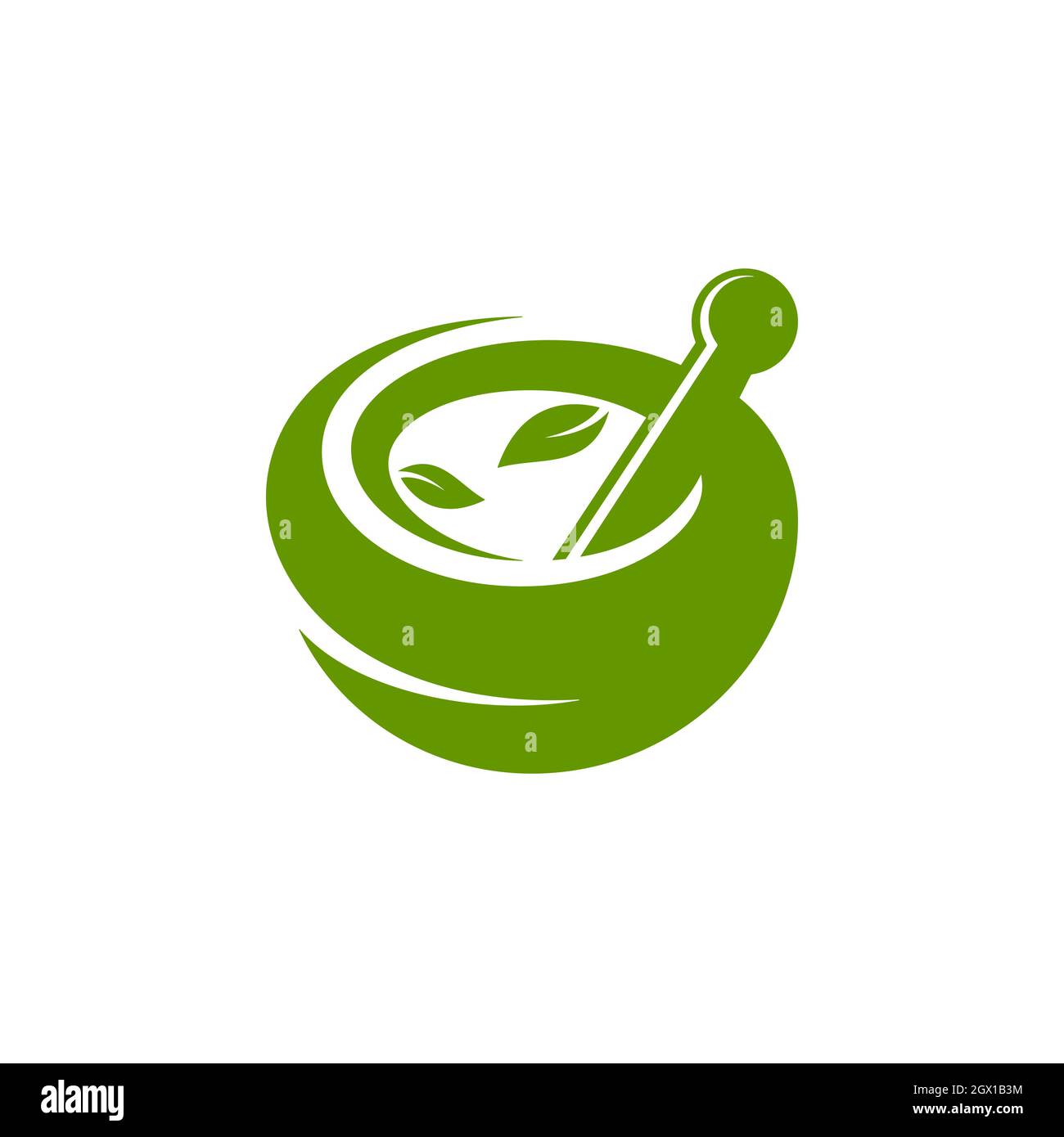 Icono de cuenco con pedrera y hojas sobre fondo blanco. Diseño del logotipo de la medicina herbaria orgánica. Ilustración del Vector