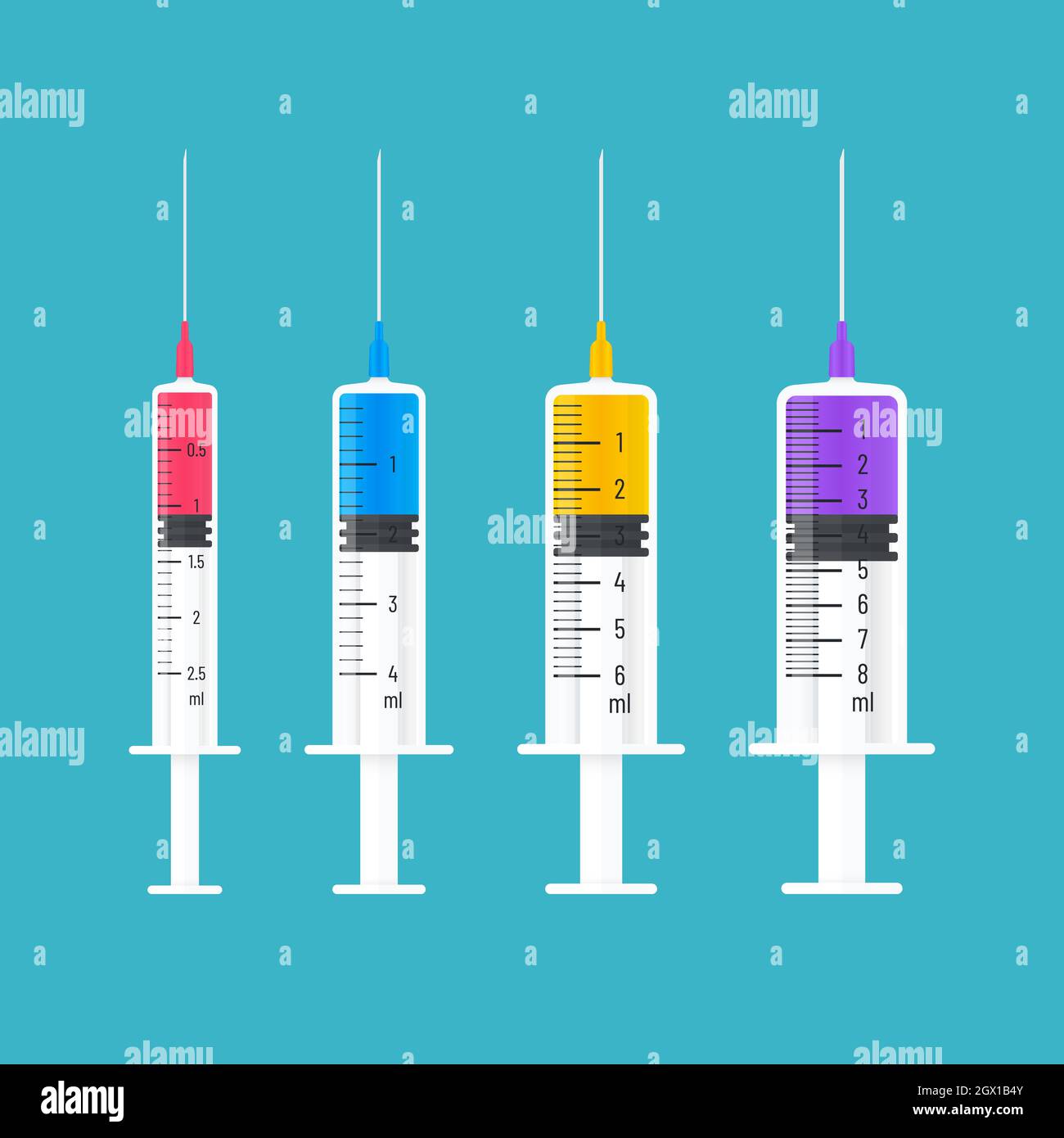 Jeringas desechables en varios tamaños y colores. Diseño de icono de vector  de vacuna Imagen Vector de stock - Alamy