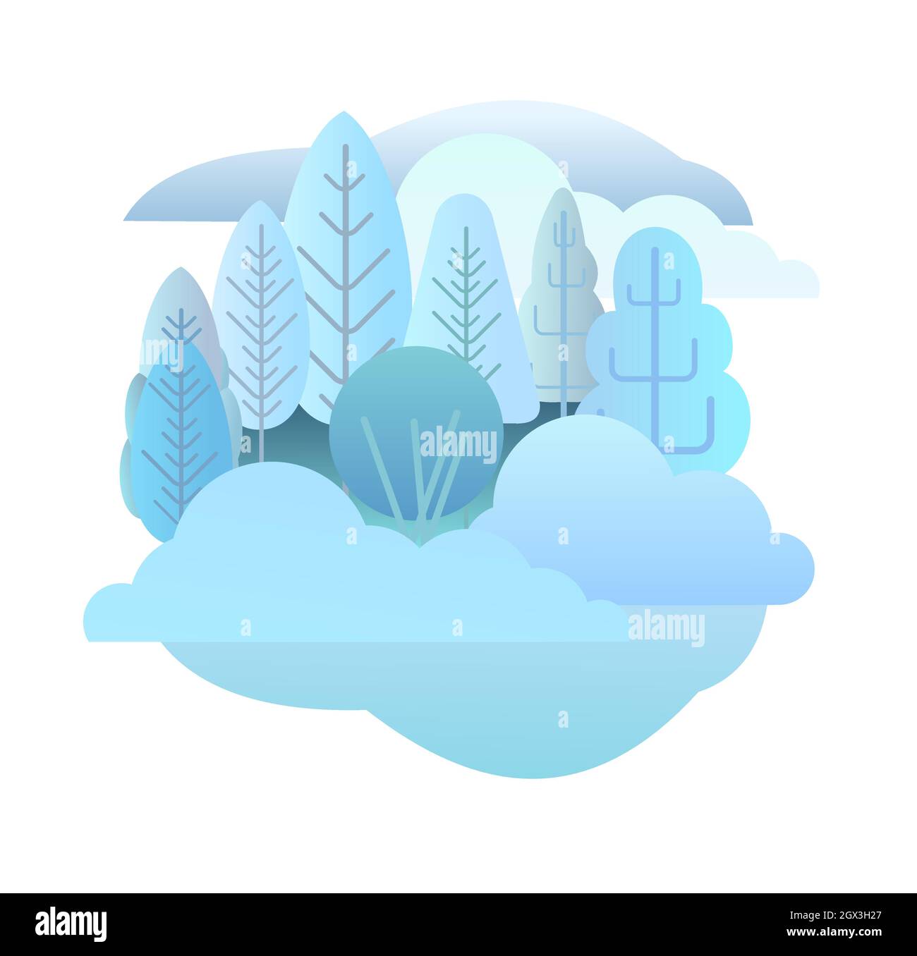Paisaje forestal de invierno. Ilustración simbólica de estilo plano. Paisaje con árboles, arbustos y snowdrifts. Vida silvestre rural. Vistas al campo con heladas Ilustración del Vector