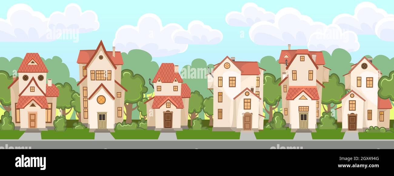  Calle. Casas de dibujos animados con árboles. Pueblo o ciudad. Sin problemas. Una hermosa y acogedora casa de campo en un estilo europeo tradicional. Bonita y divertida casa Imagen Vector de stock -
