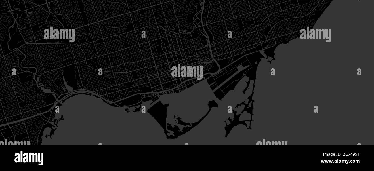 Negro oscuro Toronto área de la ciudad horizontal vector mapa de fondo, calles y cartografía de agua ilustración. Formato panorámico, diseño plano digital Ilustración del Vector