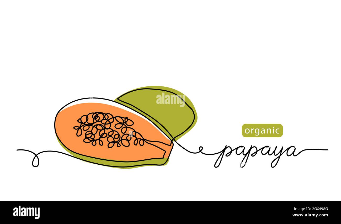 Papaya, sección de pawpaw con ilustración de vector de semillas. Dibujo de una línea de arte con papaya orgánica con letras Ilustración del Vector