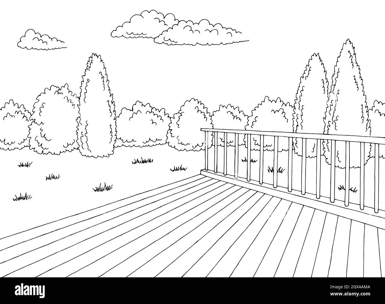 Patio trasero terraza jardín gráfico negro blanco dibujo vector