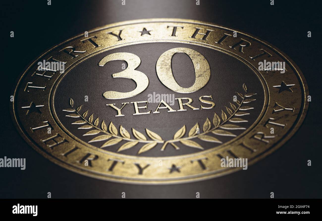 Marcado dorado sobre fondo negro con el texto 30 años. Concepto para un anuncio de celebración de 30th aniversario. Ilustración 3D. Foto de stock