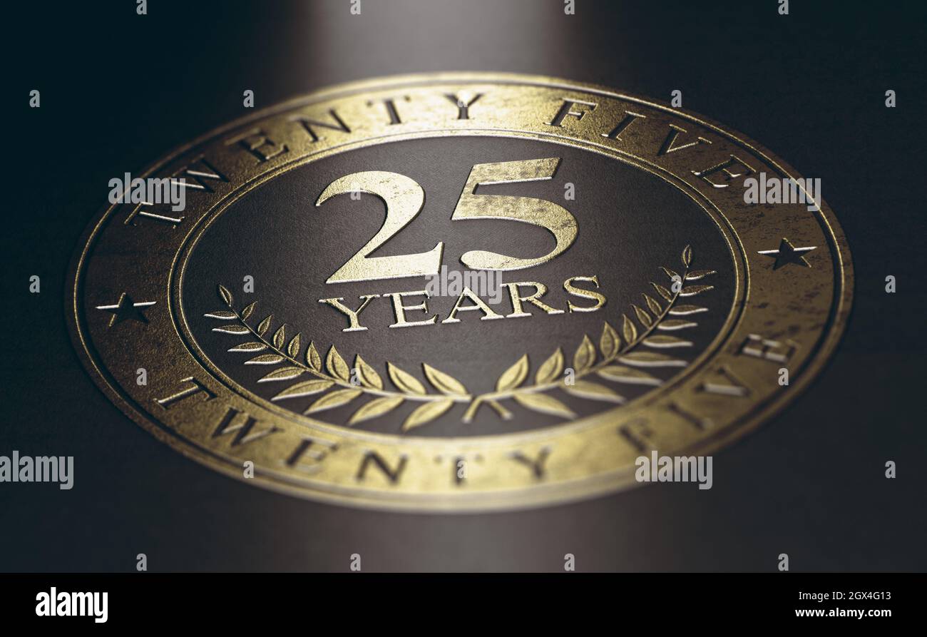 Marcado dorado sobre fondo negro con el texto 25 años. Concepto para un anuncio de celebración de 25th aniversario. Ilustración 3D. Foto de stock