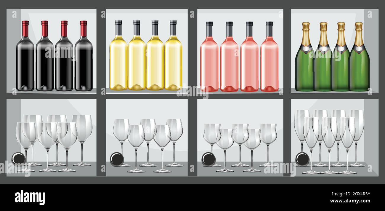 Estante lleno de botellas y copas de vino Ilustración del Vector