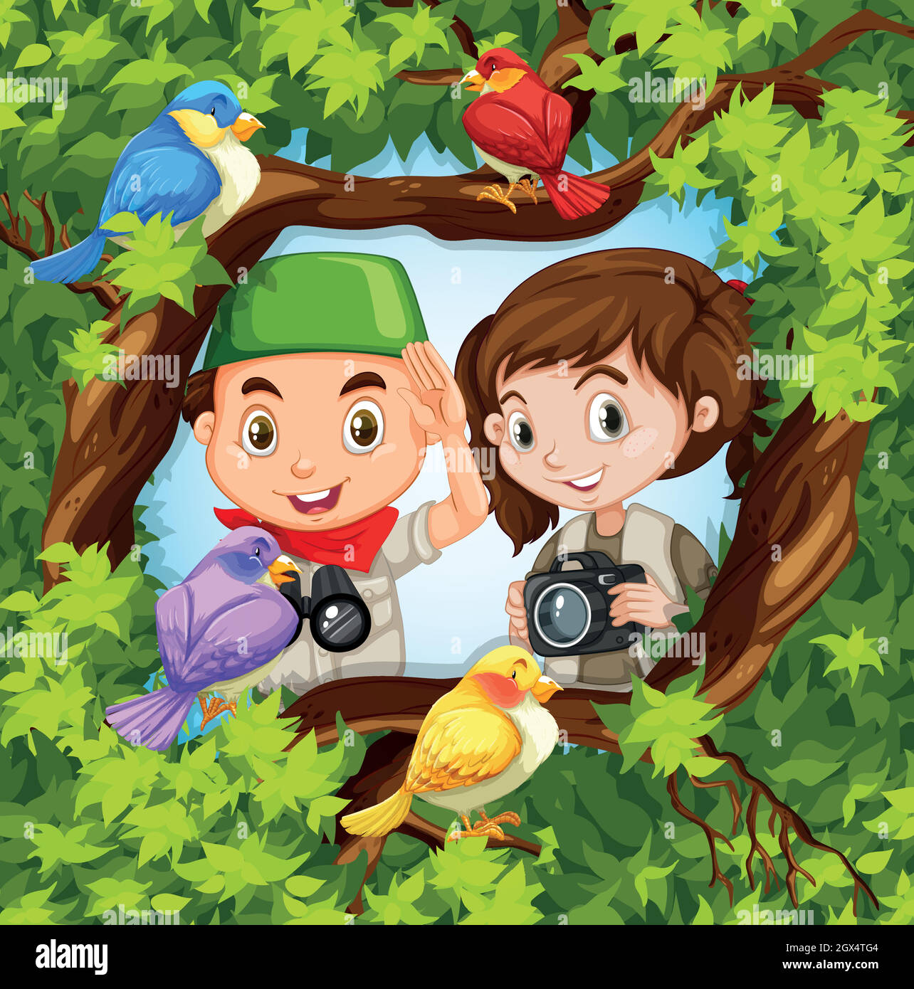 Observación de aves con niño y niña Ilustración del Vector