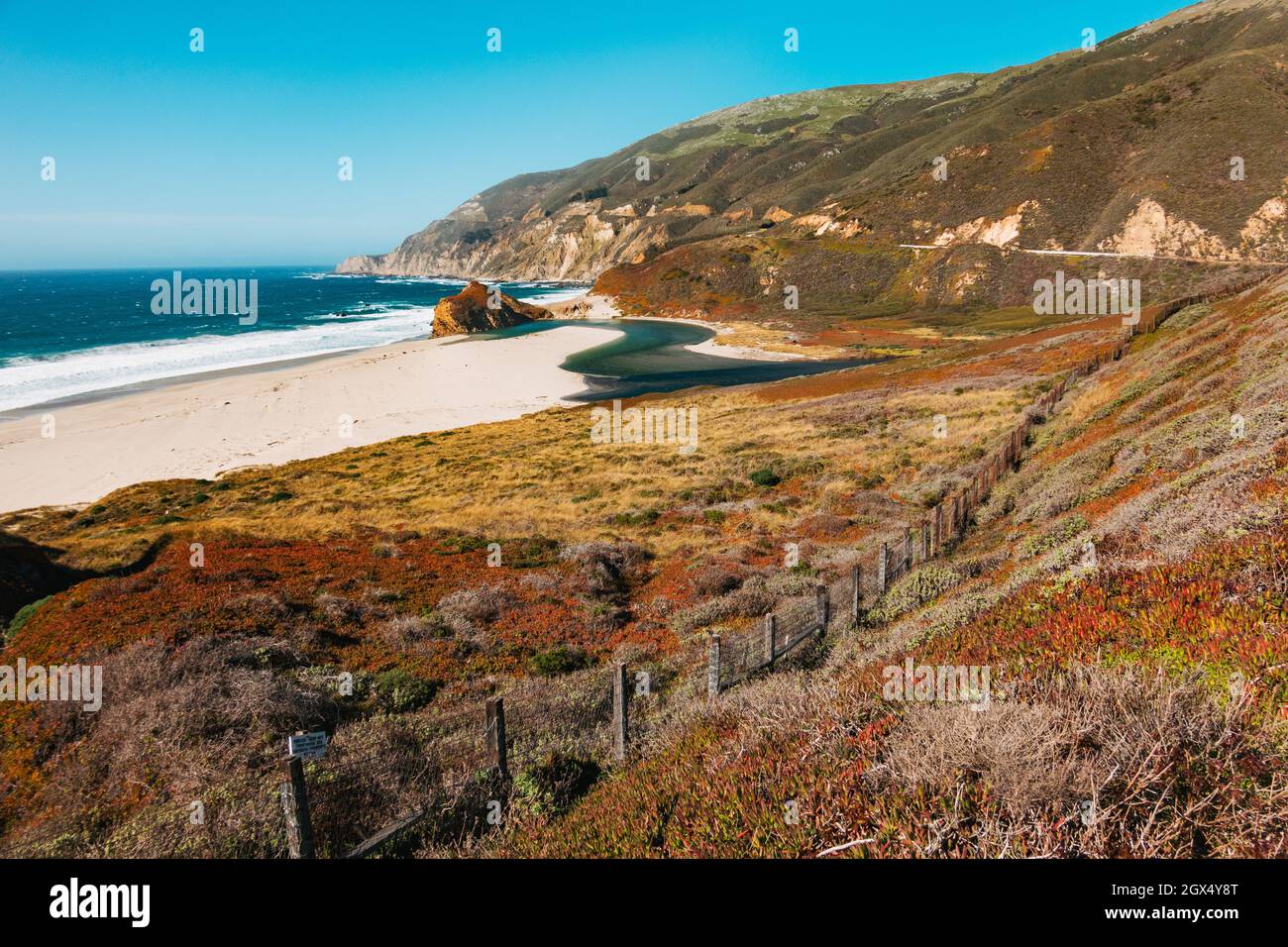 Un estuario fluye hacia el Océano Pacífico entre dunas de arena cubiertas de plantas en la playa privada Little Sur River Beach, California Foto de stock