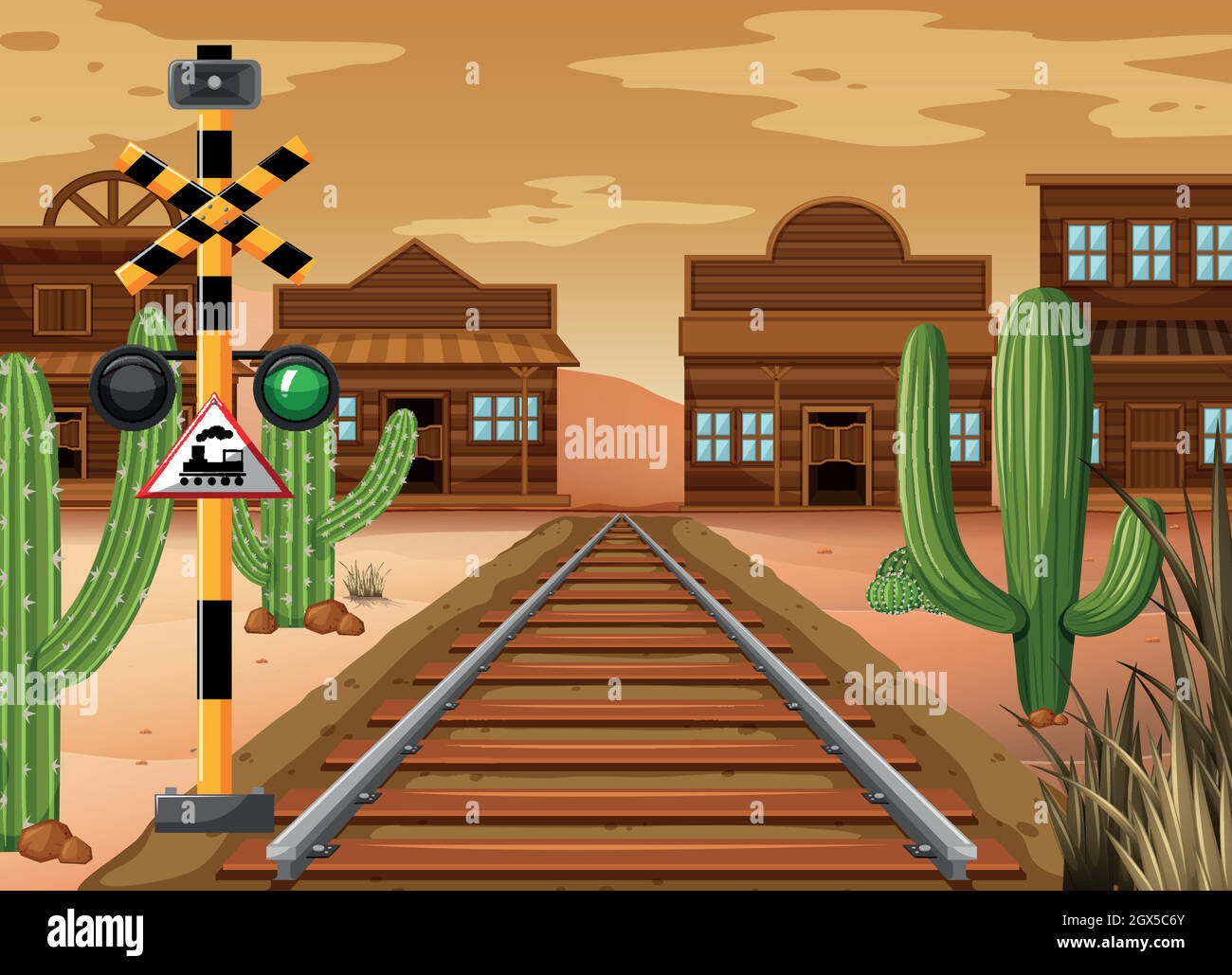 Escena con la pista de tren en la ciudad occidental Ilustración del Vector
