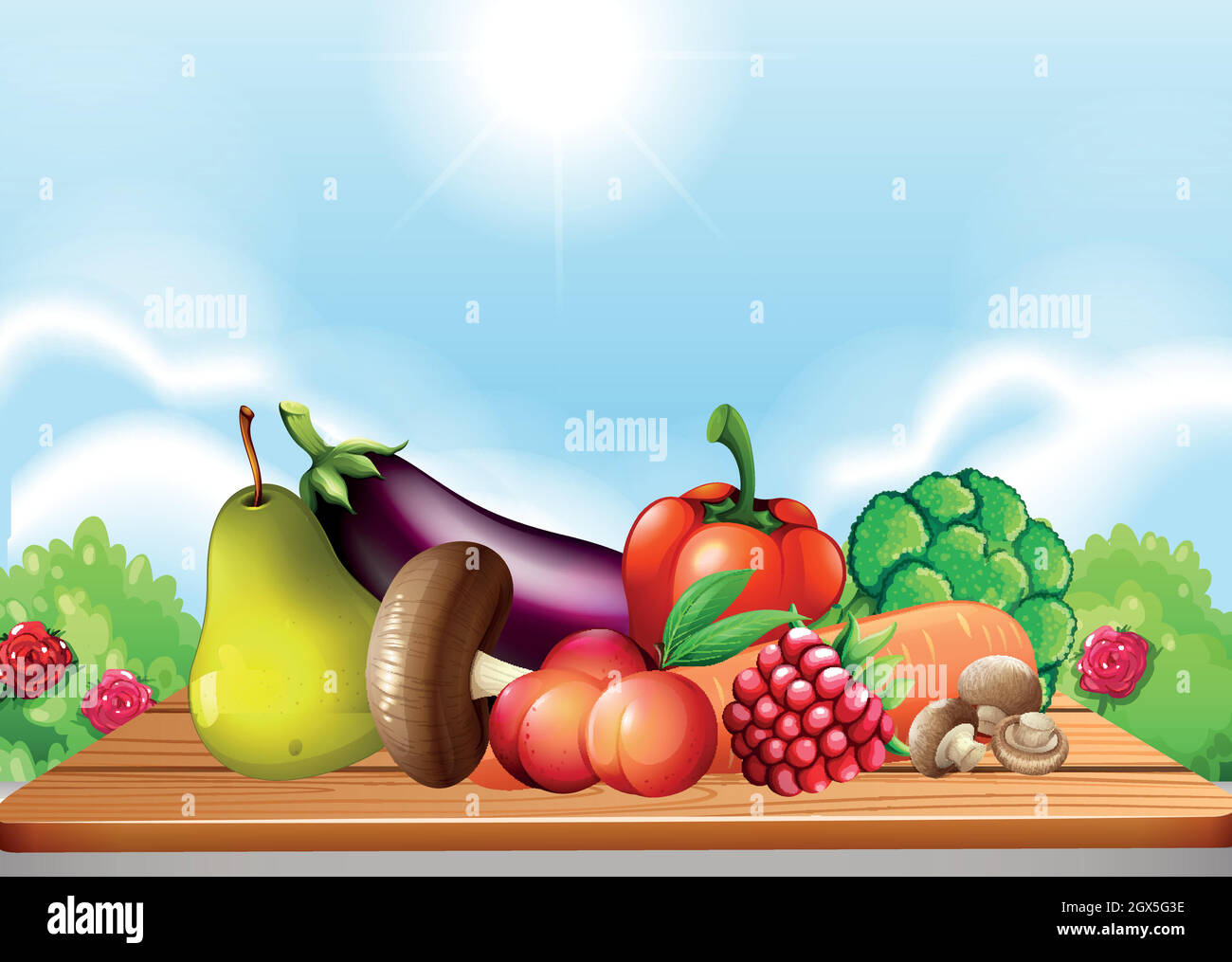 Verduras y frutas frescas sobre la mesa Imagen Vector de stock - Alamy