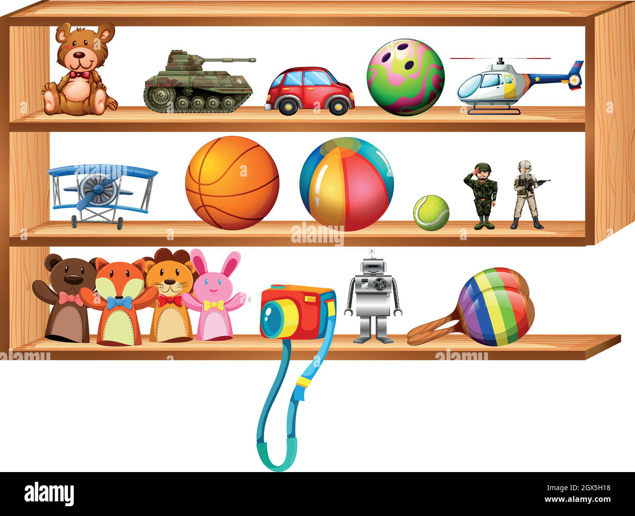 Estante de madera lleno de juguetes Ilustración del Vector
