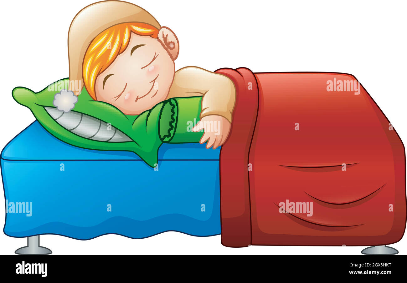 Un lindo niño de dibujos animados durmiendo en la cama Imagen Vector de  stock - Alamy
