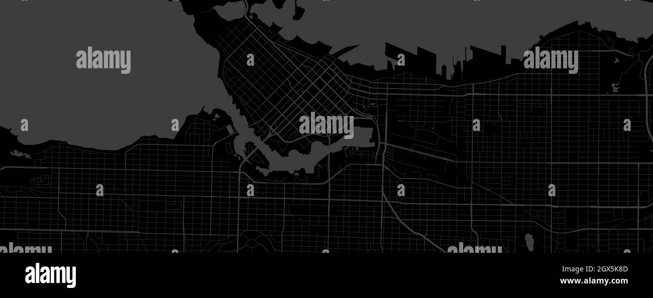 Negro oscuro área de la ciudad de Vancouver vector horizontal mapa de fondo, calles y cartografía del agua ilustración. Proporción de pantalla panorámica, diseño plano digital Ilustración del Vector