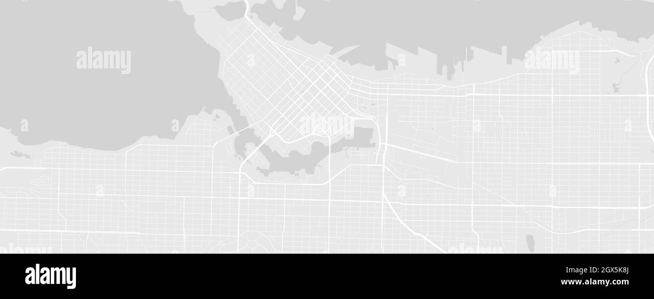 Blanco y gris claro en el área de la ciudad de Vancouver vector mapa de fondo horizontal, calles e ilustración cartográfica del agua. Proporción de pantalla panorámica, digital Ilustración del Vector