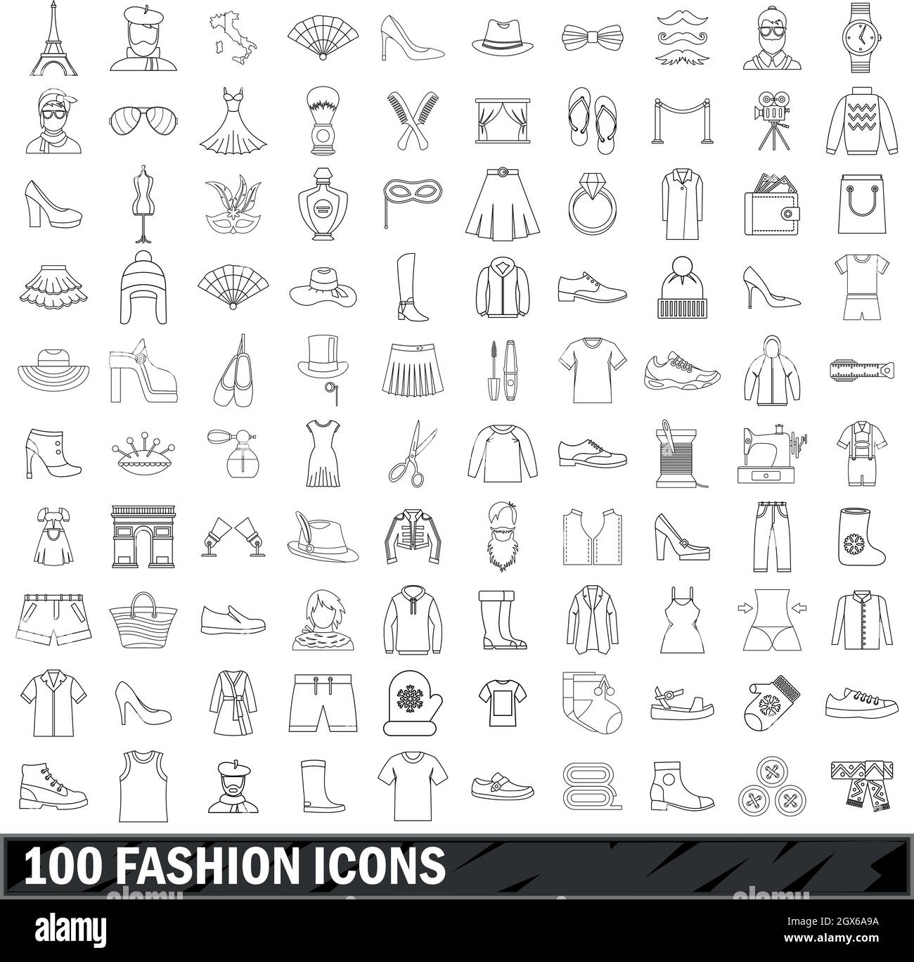 100 iconos de la moda, el estilo de esquema Ilustración del Vector