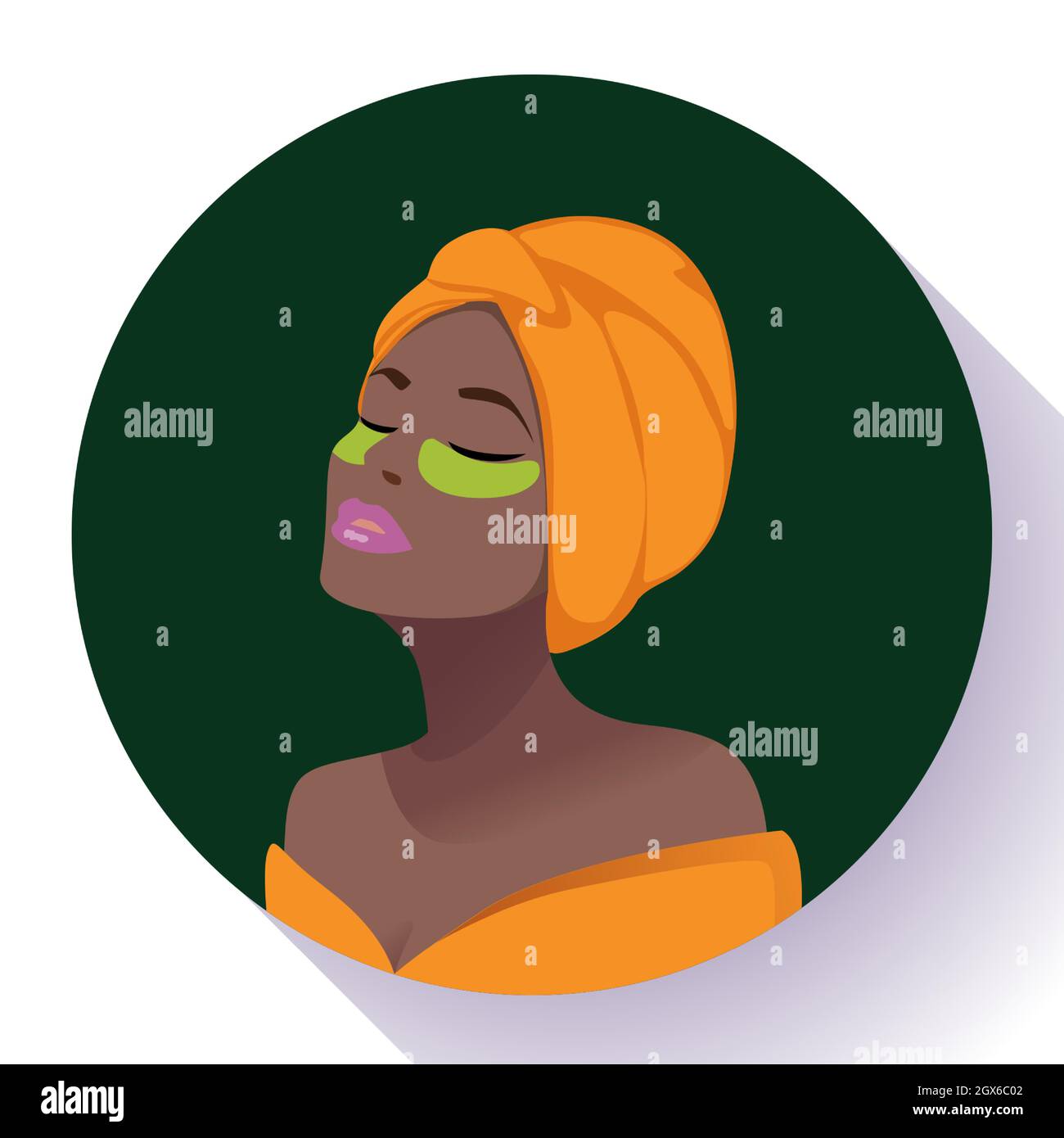 Mujer afro americana con piel oscura Relajada en Spa, con máscara cosmética facial o parches bajo los ojos Tratamientos de belleza icono vectorial Ilustración del Vector