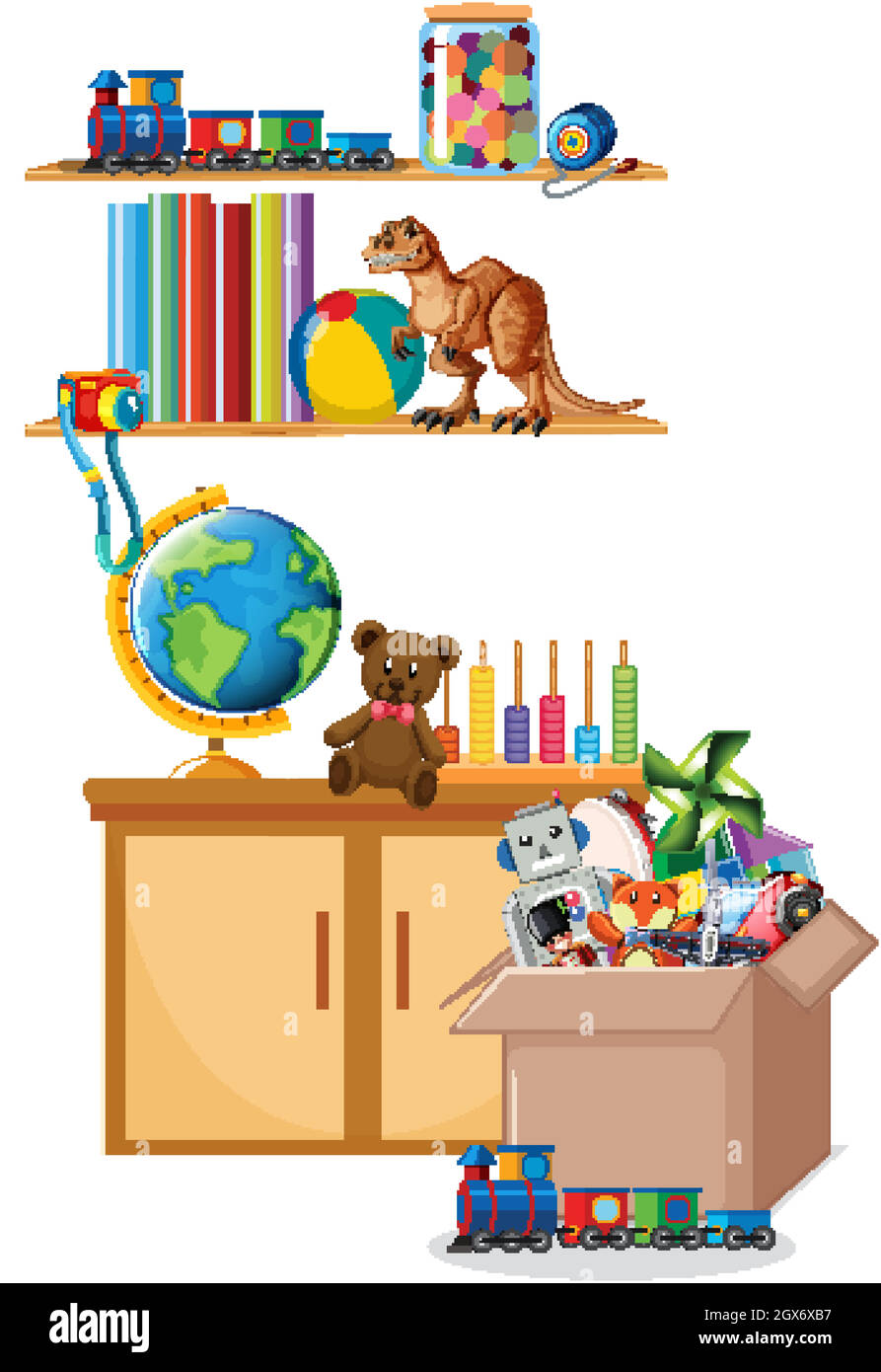 Estante y caja llena de juguetes sobre fondo blanco Ilustración del Vector