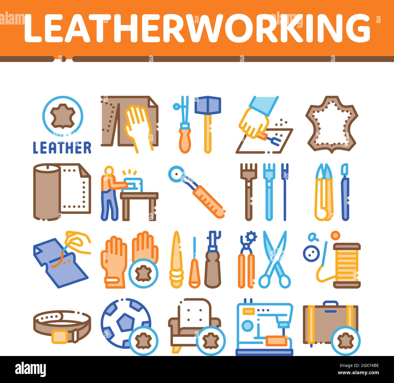 Leatherworking Job Collection Icons Set Vector Ilustración del Vector