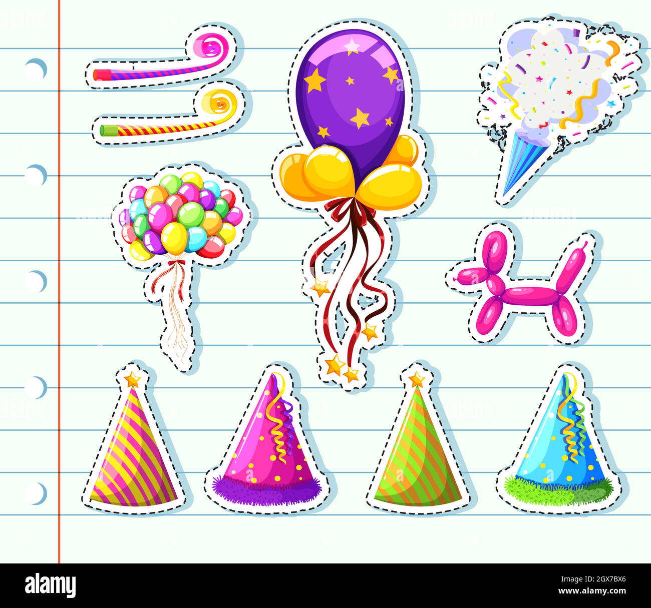 colección de pegatinas de fiesta de cumpleaños establece iconos con pastel,  globos y caja de regalo. 2462321 Vector en Vecteezy