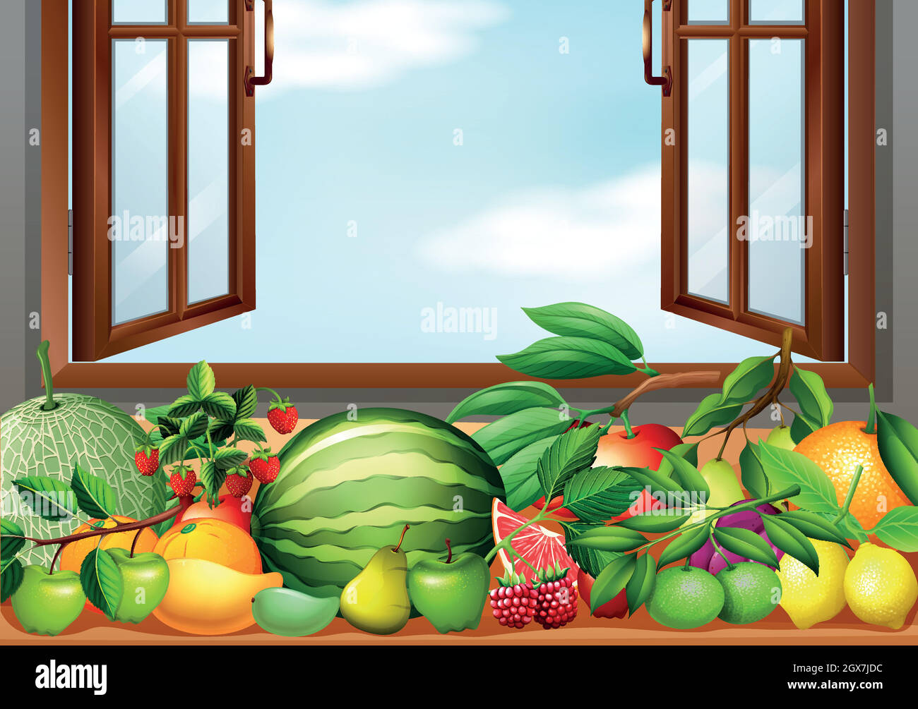 Diferentes tipos de frutas en la mesa Ilustración del Vector