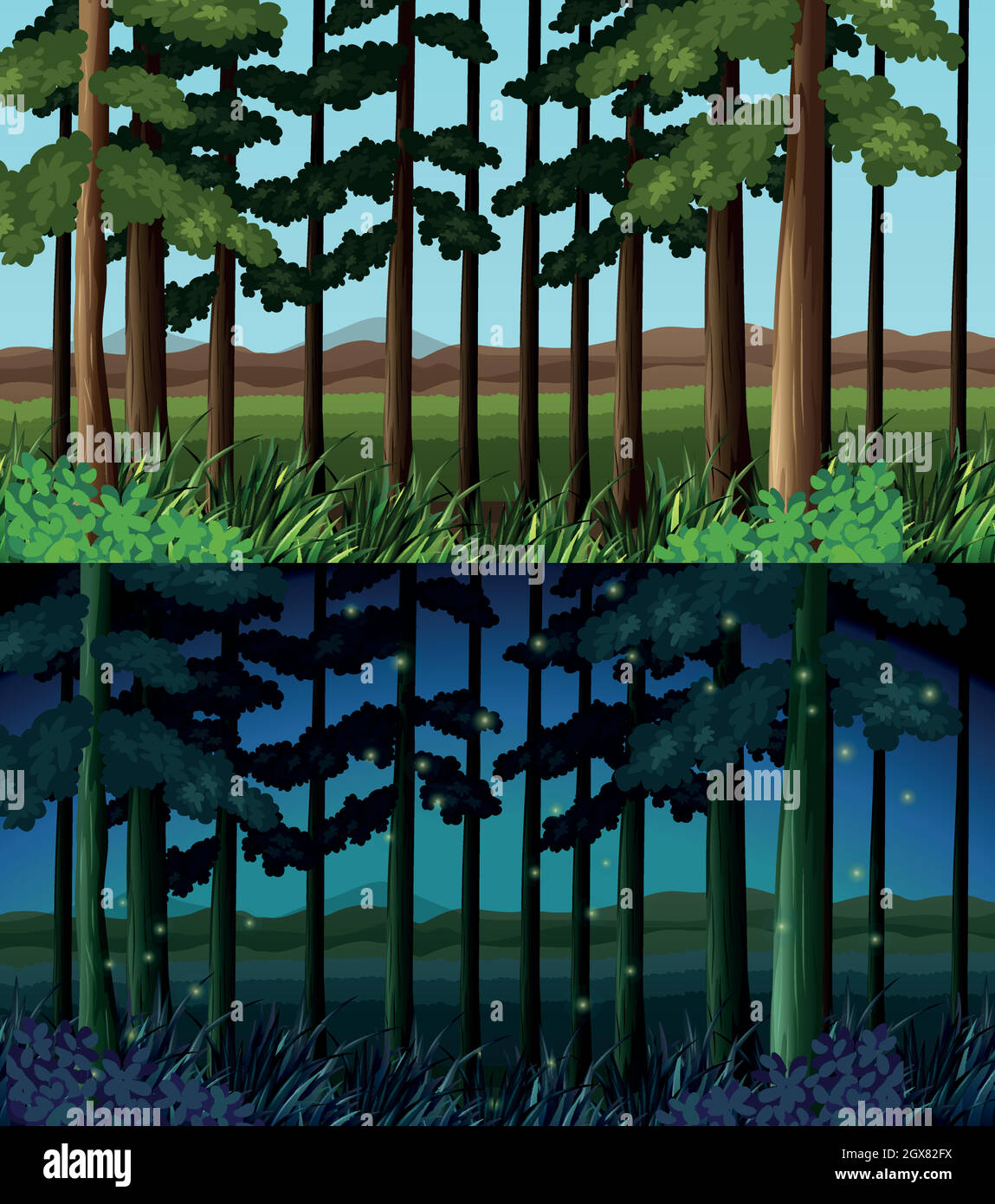 Escena forestal en el día y en la noche Ilustración del Vector
