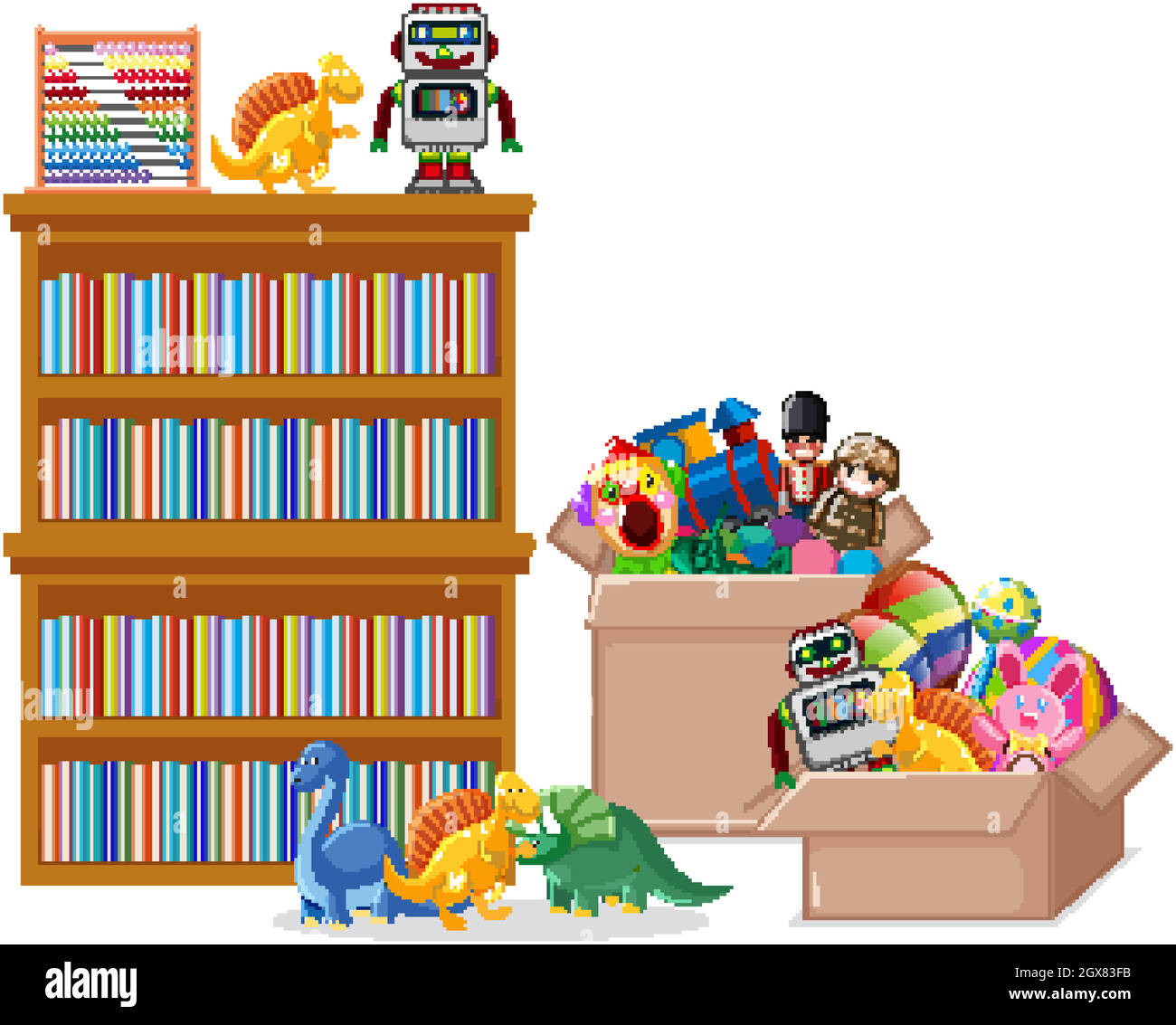 Estante lleno de libros y juguetes sobre fondo blanco Ilustración del Vector
