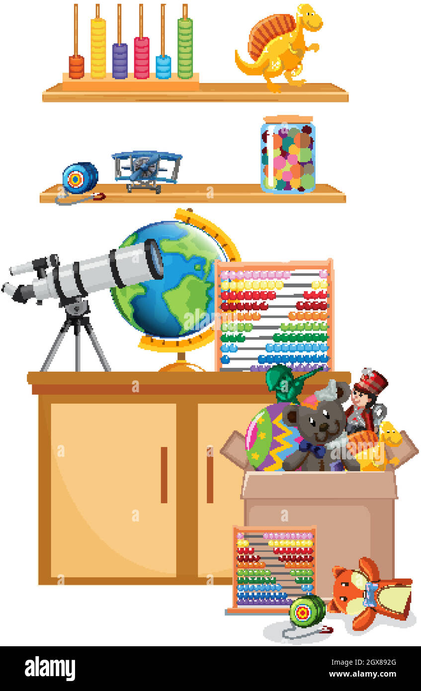 Estante y caja llena de juguetes sobre fondo blanco Ilustración del Vector