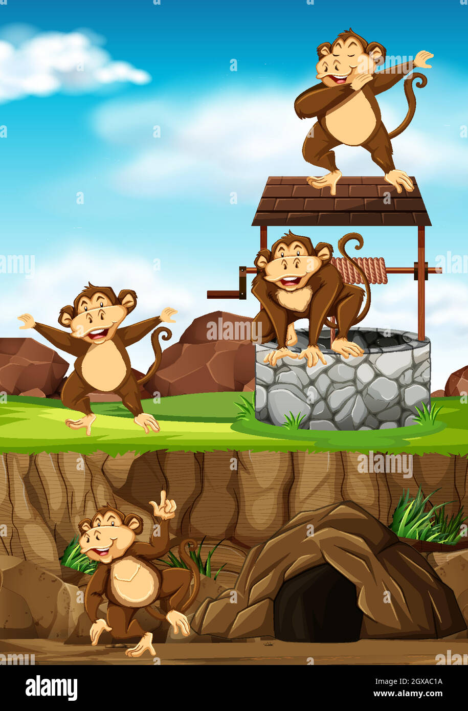 Los monos salvajes se agrupan en muchas poses en el estilo de dibujos animados del parque de animales en el fondo del día Ilustración del Vector