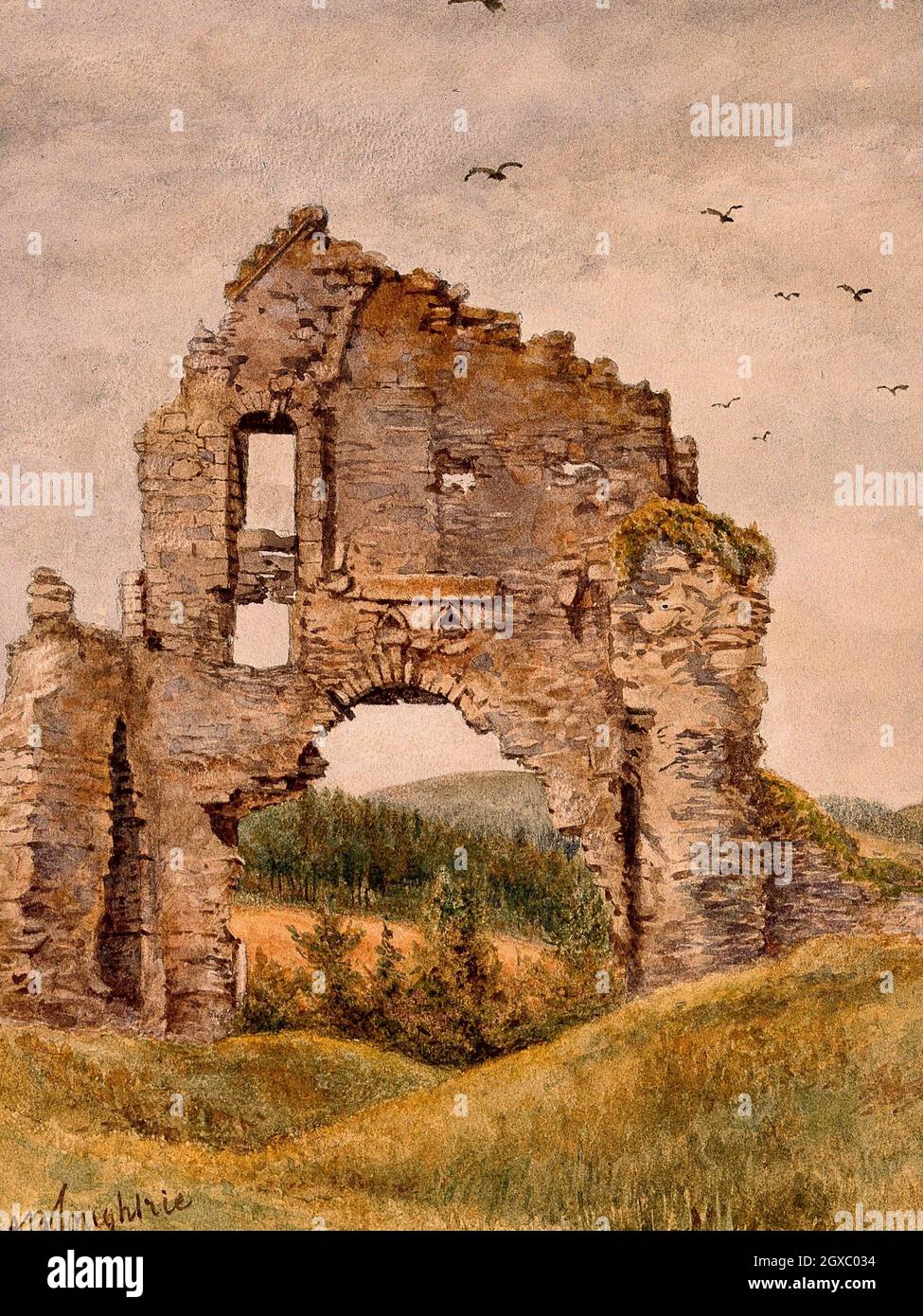Ruinas del Castillo de Kildruming, Aberdeenshire, la residencia de Sir Patrick Manson. Acuarela de J.B. Coughtrie, ca. 1890. - Foto de stock