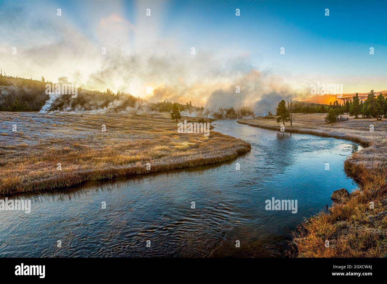 Actividad Térmica alrededor del Río Firehole en Yellowstone NP MT USA Ubicación Mundial. Foto de stock