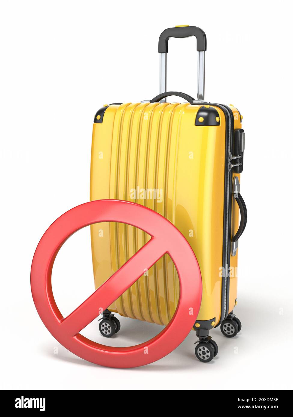 La maleta amarilla y el signo de prohibición del círculo rojo 3D muestran  una ilustración aislado sobre fondo blanco Fotografía de stock - Alamy