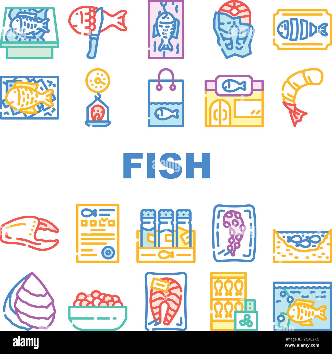 Vector de conjunto de iconos de recogida de productos del mercado de pescado Ilustración del Vector