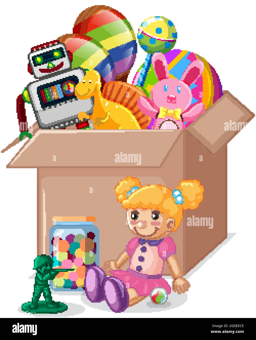 Caja de cartón llena de juguetes sobre fondo blanco Ilustración del Vector