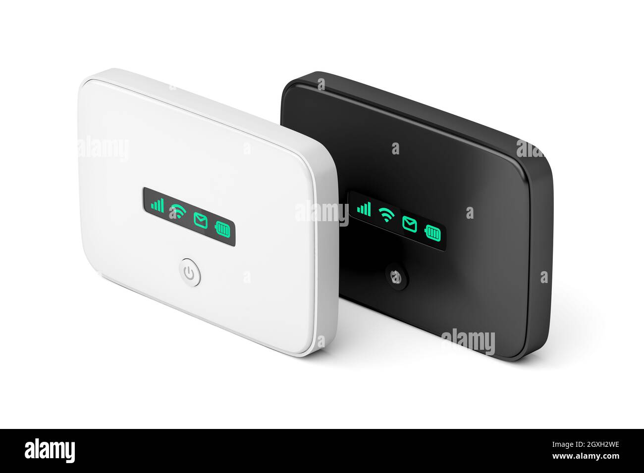 Dos routers WiFi móviles con diferentes colores sobre fondo blanco Foto de stock