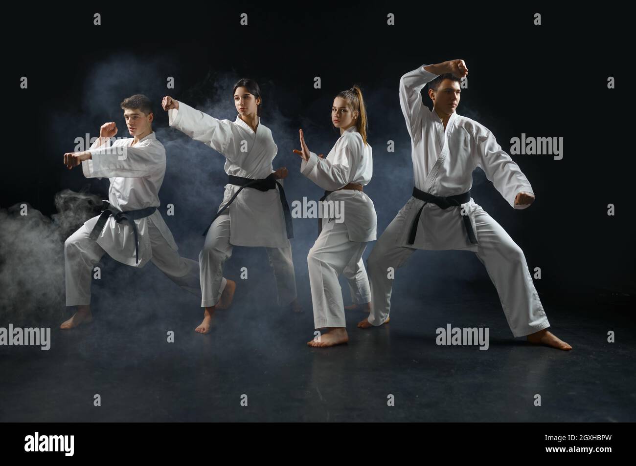 Cuatro cazas de karate en kimono blanco posan en posiciones de combate,  entrenamiento en grupo, fondo oscuro ahumado. Caratekas en el entrenamiento,  artes marciales, lucha comp Fotografía de stock - Alamy