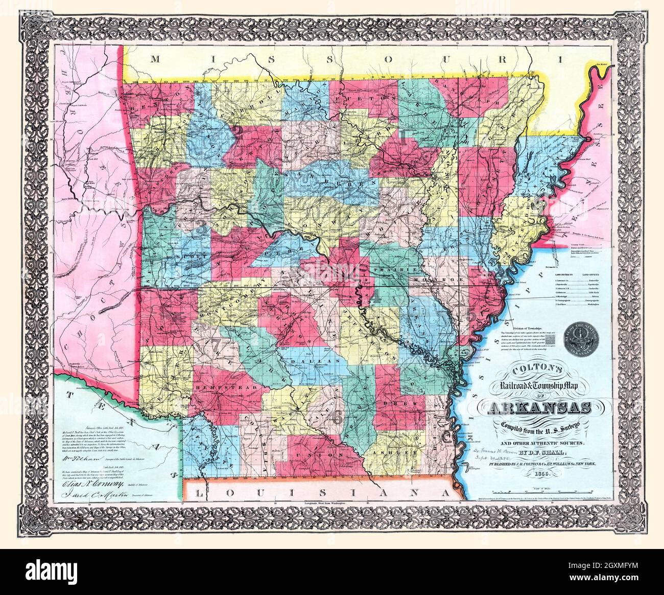 Mapa del ferrocarril y del municipio de Arkansas de Colton Foto de stock