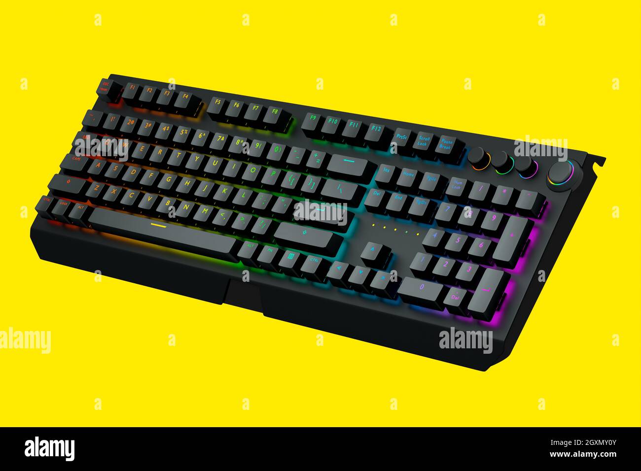 Teclado de ordenador negro con colores rgb aislados sobre fondo amarillo.  3D Representación del concepto de espacio de trabajo de streaming y gamer  Fotografía de stock - Alamy
