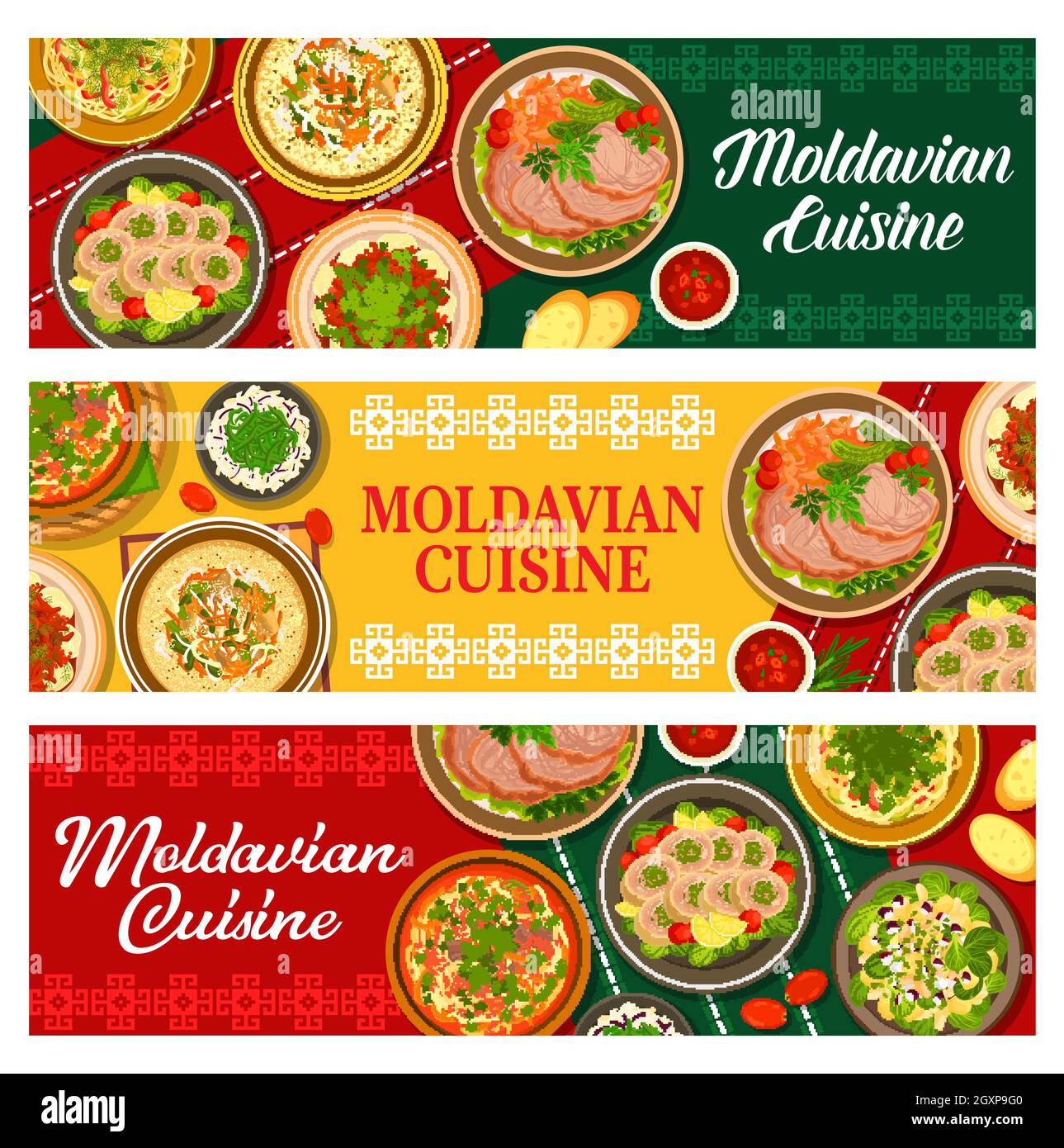 Pancartas de comida moldava, menú de platos y comidas de la cocina moldava,  vector. Cocina de Europa del Este, platos gourmet nacionales moldovos o  moldavos y aut Imagen Vector de stock -