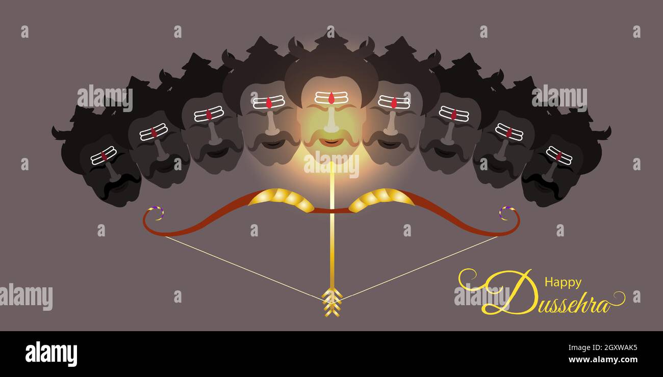 Festival indio Dussehra saludo con arco dorado y flecha. Ravana 10 cabezas denota 10 males de todos. Este dussehra destruye todos los males sociales. Ilustración del Vector