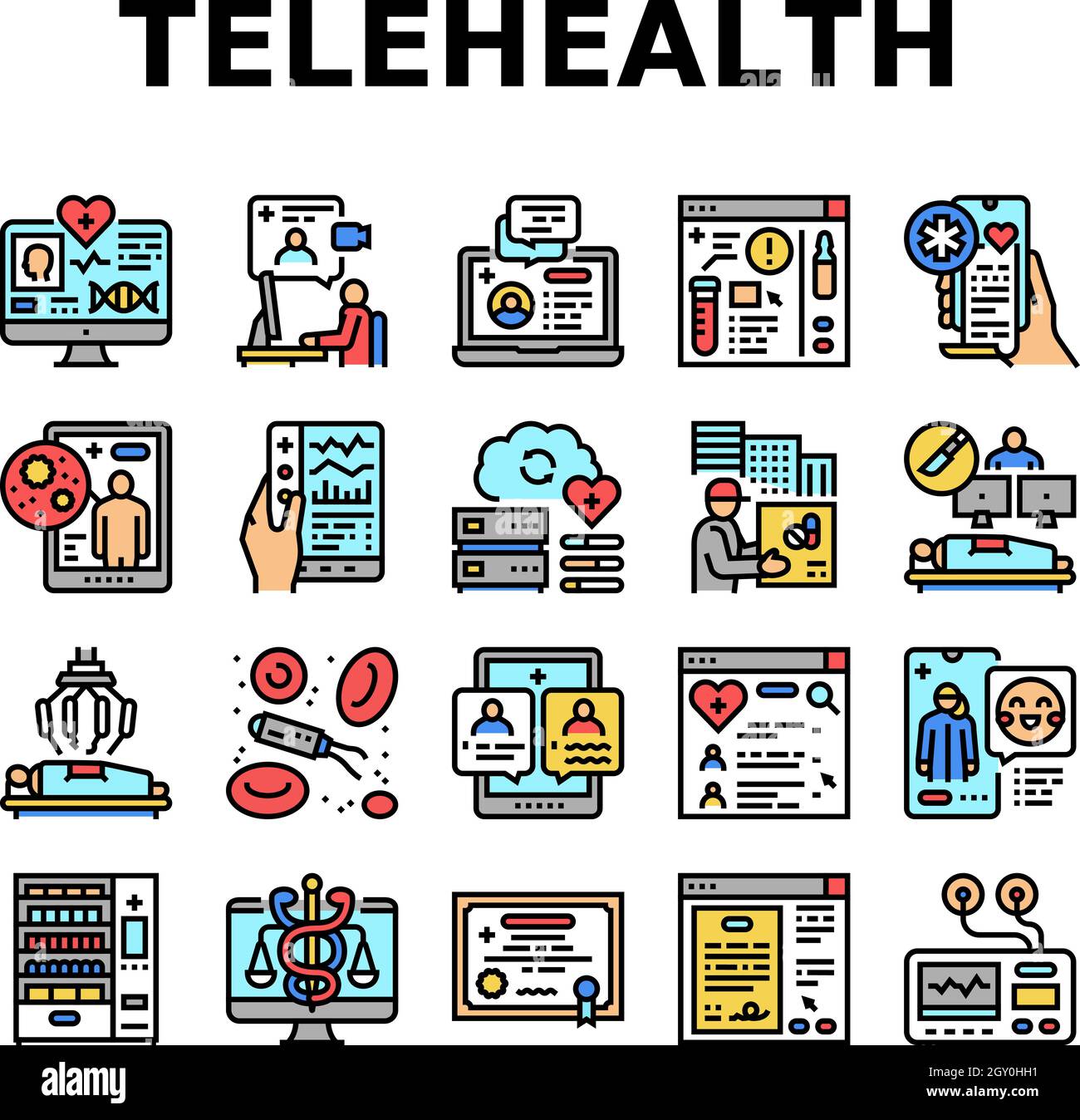 Conjunto de iconos de tratamiento de medicina de telesalud Vector. Consulta  y Examen de Vídeo Remoto Telehealth, Consentimiento del Paciente y Cirugía  Robótica, Entrega de Fármacos Imagen Vector de stock - Alamy