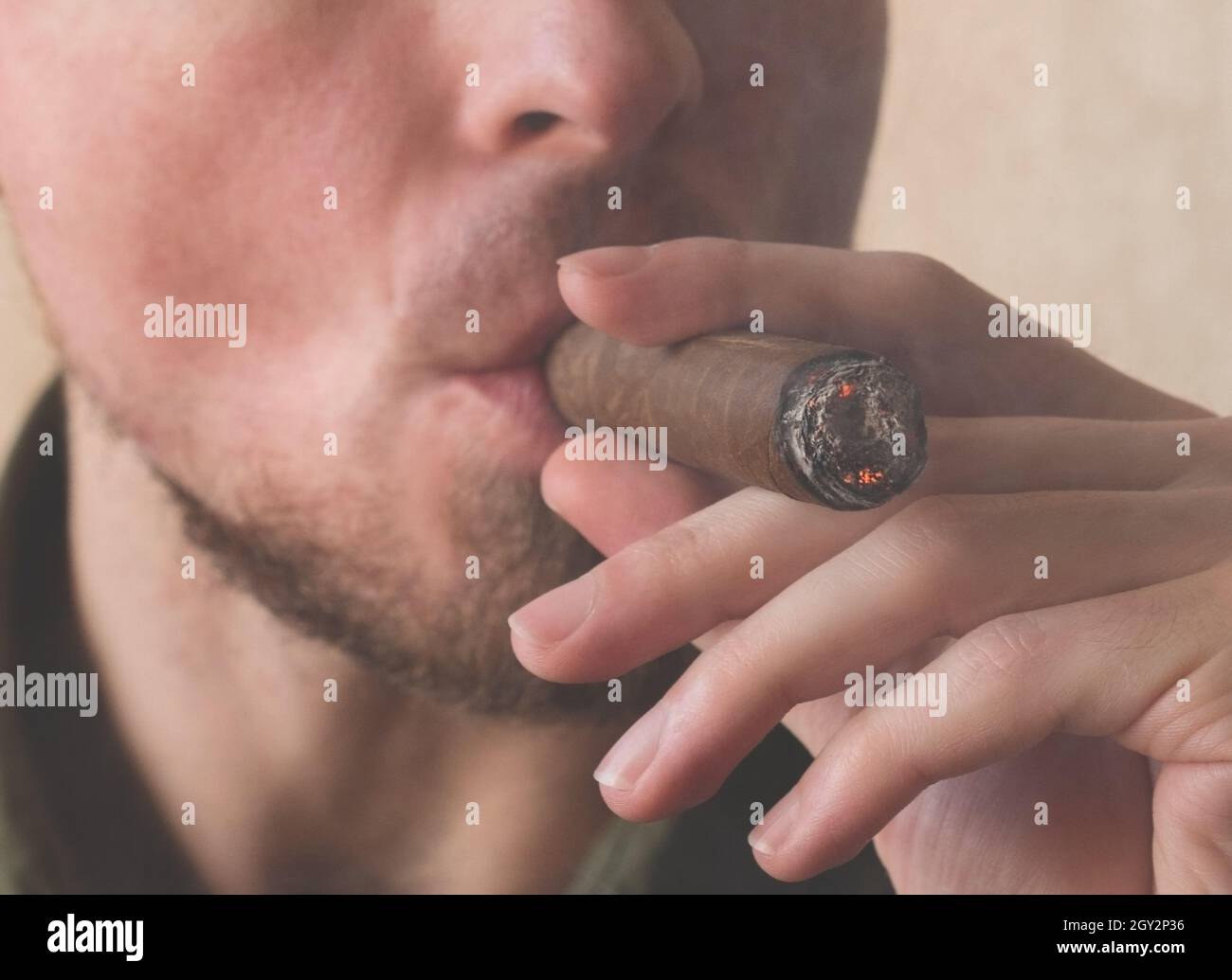 Un hombre fuma un cigarro cubano. Manos masculinas de cerca sosteniendo un cigarro de la Habana que fuma Foto de stock