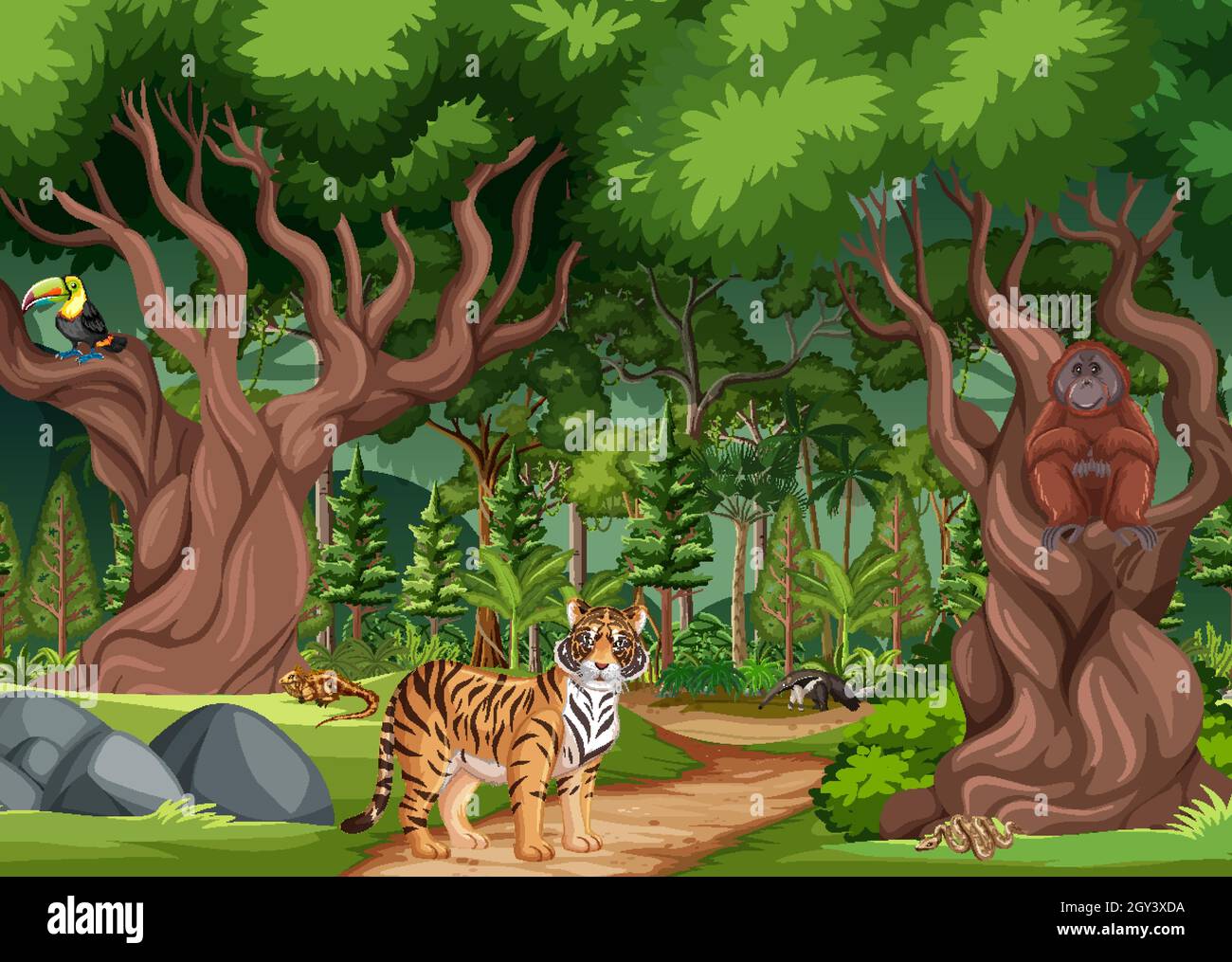 Escenario de bosque tropical o de selva tropical con diferentes ilustraciones de animales salvajes Imagen Vector de stock - Alamy Escenario de bosque tropical o de selva tropical con diferentes ilustraciones de animales salvajes Imagen Vector de stock - Alamy