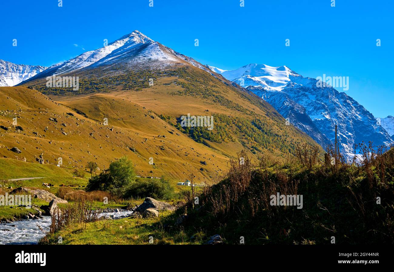 Hermoso Río Mountain en Canadá. Otoño en Canadá. Agua actual. Árbol en la piedra. Agua corriente. Paisaje cascada en canada. Los arces rojos leav Foto de stock