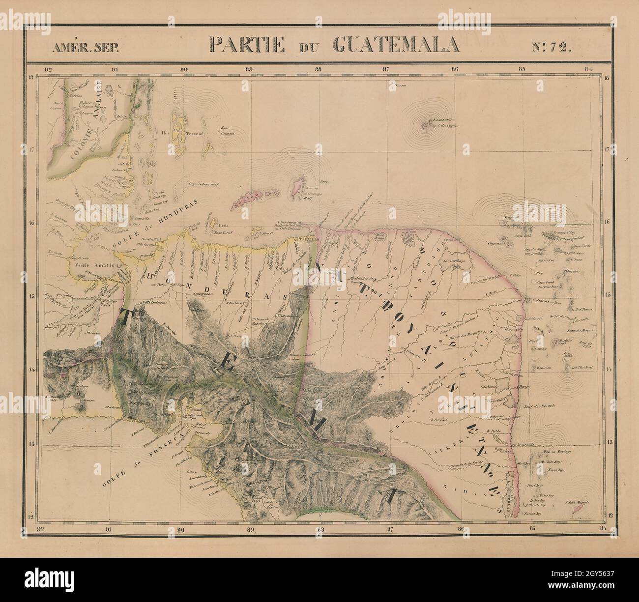 Amér. Sept. Partie du Guatemala #72. Honduras Nicaragua. Mapa VANDERMAELEN 1827 Foto de stock