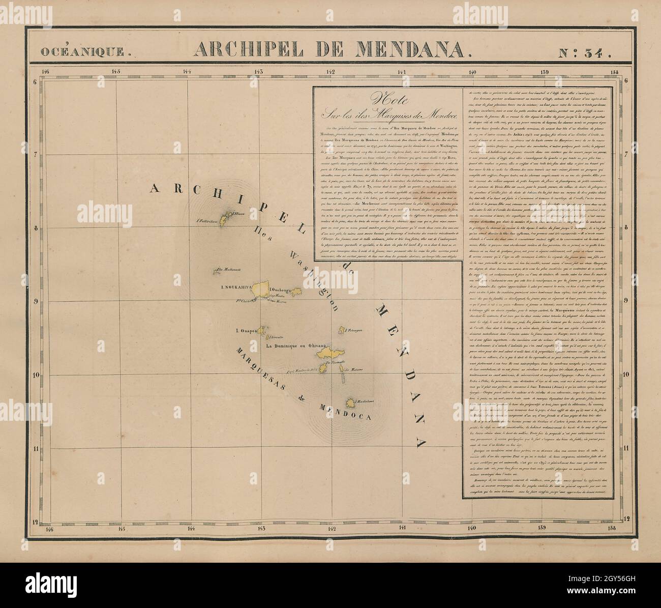Océanique. Archipel de Mendana #34. Polinesia Marquesa. Mapa VANDERMAELEN 1827 Foto de stock
