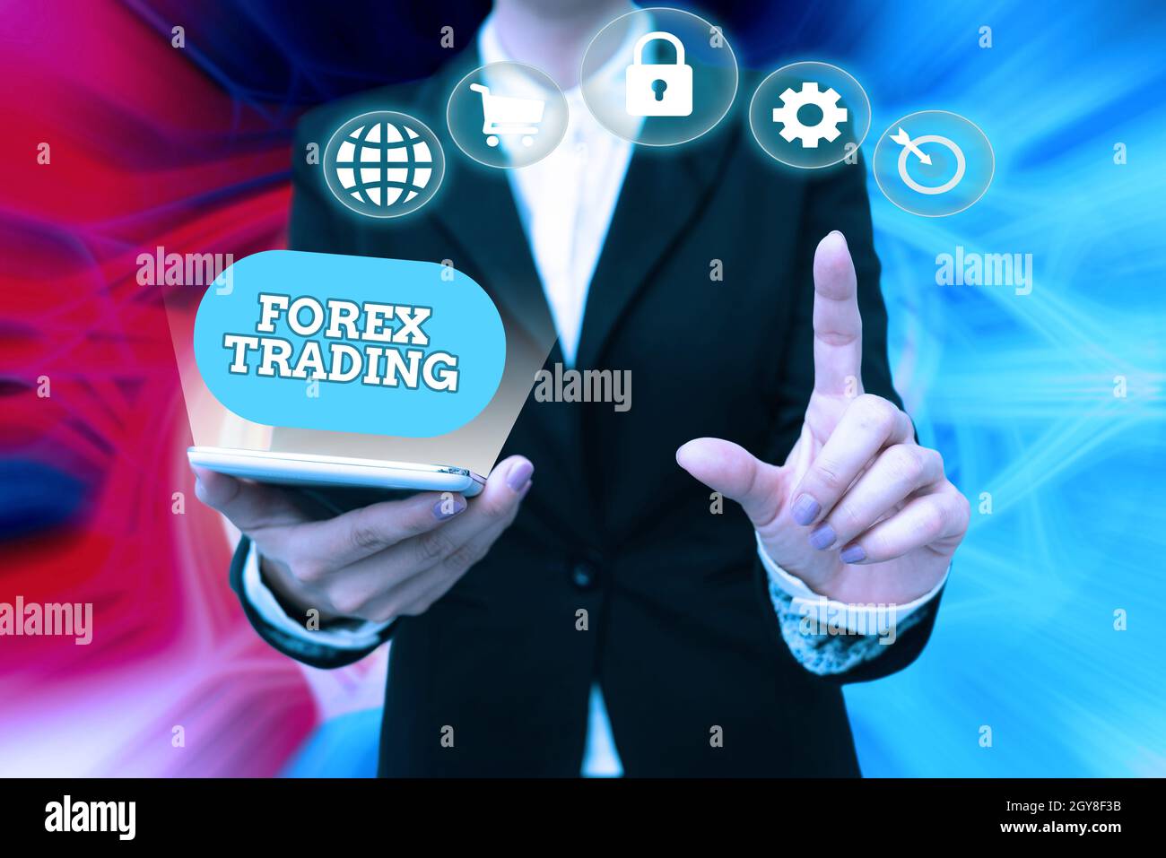 Signo de texto que muestra Forex Trading, Word escrito en el mercado global que permite el comercio, intercambio de moneda Señora en Uniforme Holding Teléfono Presionando Virtu Foto de stock