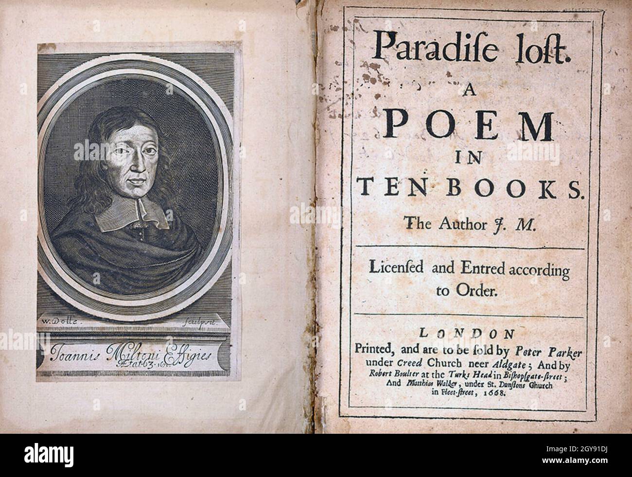 PARADISE LOST Páginas de título de la primera edición de 1667 del poema en verso en blanco de John Milton (1608-1674) Foto de stock