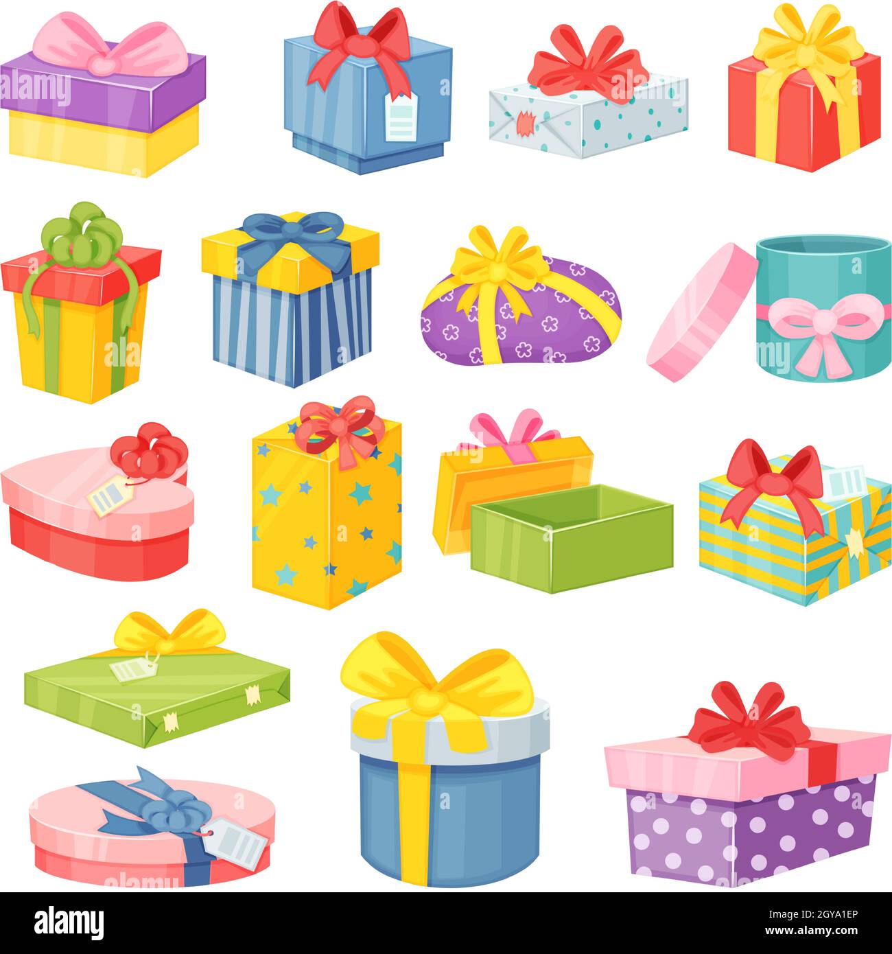 Cajas de regalo de dibujos animados, paquetes de regalo envueltos con  arcos. Coloridos regalos en varias formas para cumpleaños o Navidad  celebración vector conjunto. Cajas de felicitación con cintas para las  vacaciones