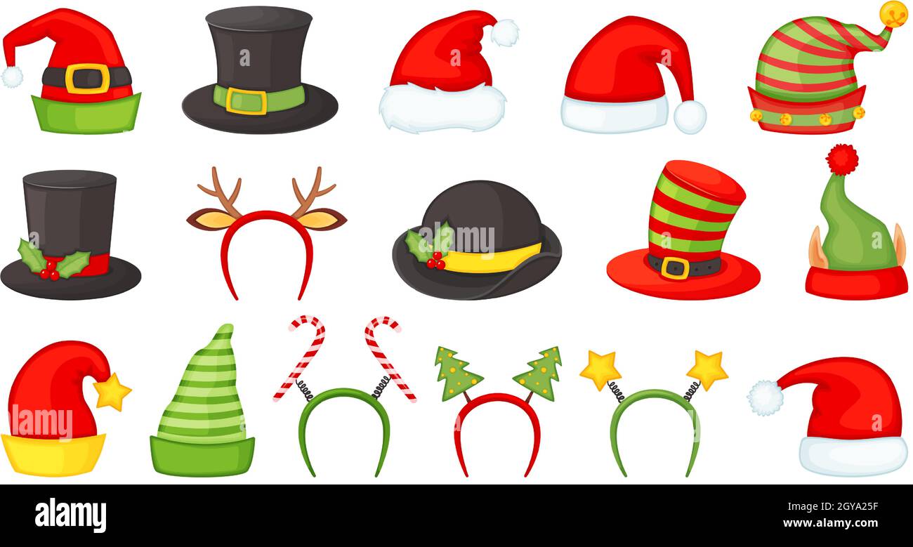 Sombreros de Navidad y headbands de dibujos animados para trajes de Navidad.  Gorro de papá noel, gorras de alfón y muñeco de nieve, corneros, juego de  vectores para las vacaciones de invierno.